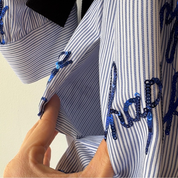 Sandro Bleu Ciel Mini Shirt Dress Pinstripes Sequins Blue White - Picture 11 of 14